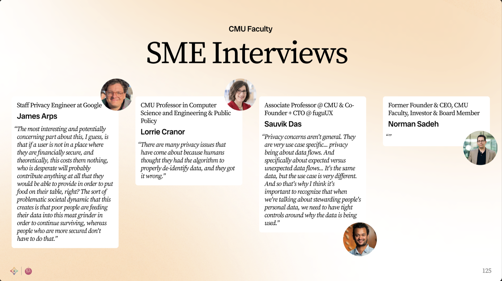 SME Interviews slide showing quotes from James Arps (Google), Lorrie Cranor (CMU), Sauvik Das (CMU/fuguUX), and Norman Sadeh (CMU) on privacy, AI, and data flows